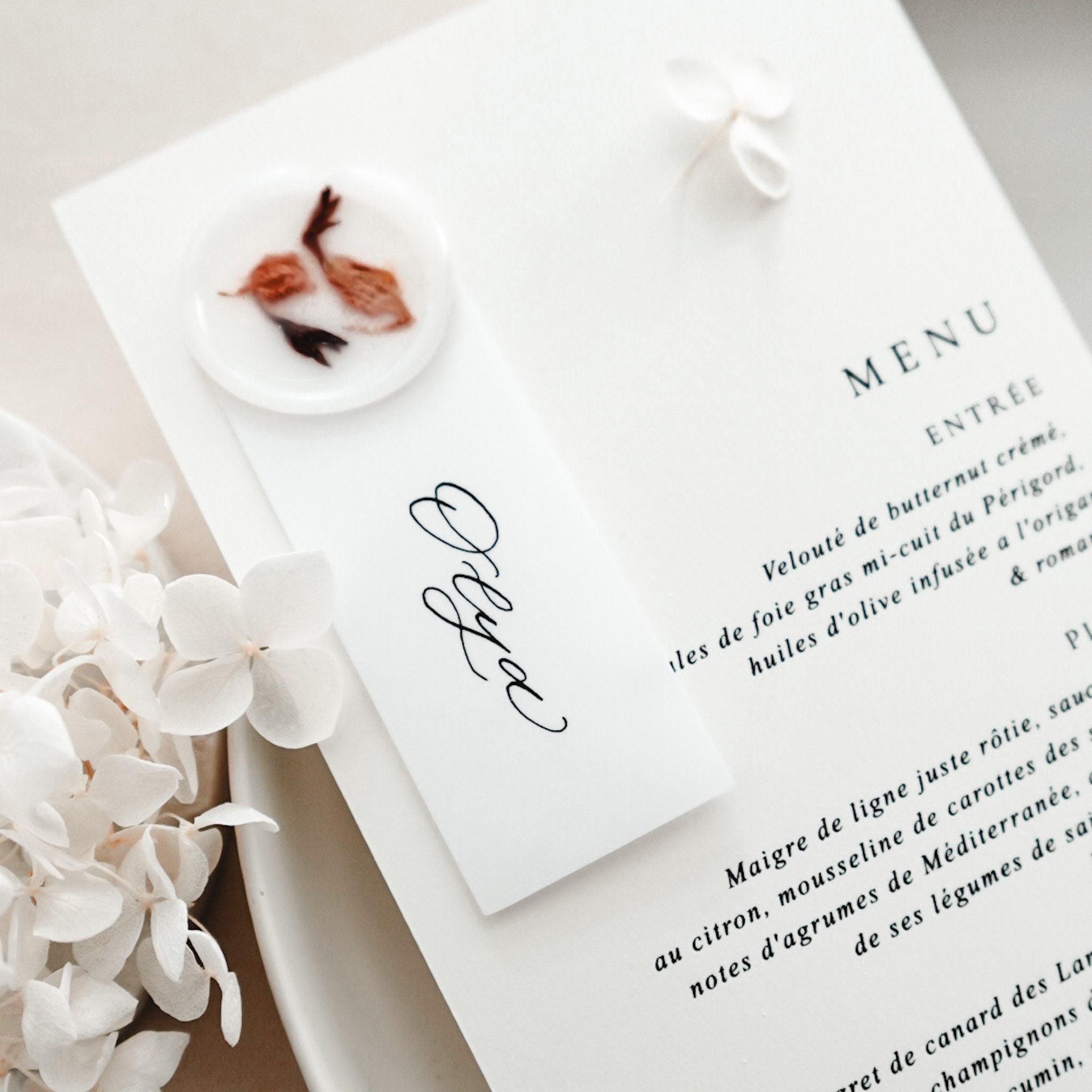Wedding Dinner Menu Card with Rose Petal Wax Seal and Vellum Guest Name Tags, Wedding Dinner Menu with Guest Names