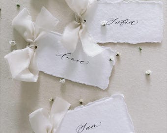 Romantic Ivory Wedding Place Cards, Minimal White Table Name Cards, Ribbon Wedding Place Names, Table Assignment Card, Handmade Cotton Paper