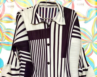 Handmade Pleated Black and White Striped Long Sleeve Blouse with Pleats