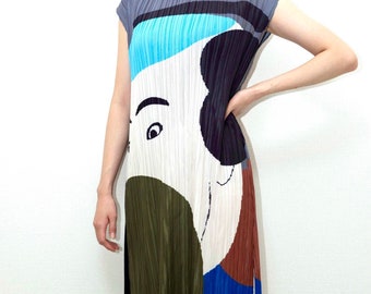 Handmade Pleated Ukiyo-e Japanese Style Portrait Pattern Long Dress with Pleats Art Dress