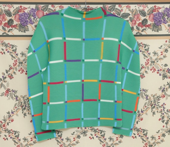 Handmade Pleated T-shirt Stretchy Long Sleeved Green Tops Plaid Pattern Colorful Lines Print Tee Graphic Tshirt