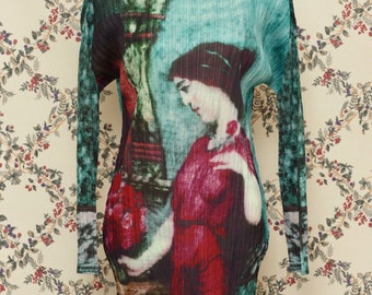 Handmade Pleated Oil Painting Pattern Long Dress with Pleats Art Dress Green