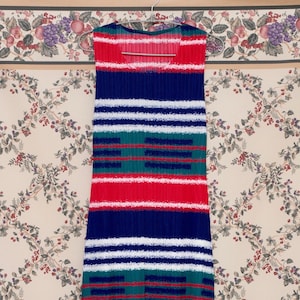 Handmade Pleated Colorful Long Dress Striped Pattern Red Blue White Green Pleats Dress with Stripes Sleeveless Slim Dress Psychedelic Dress