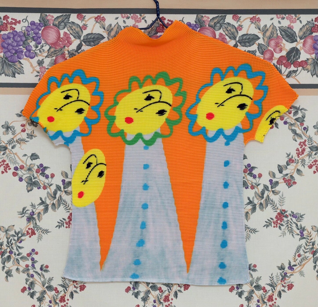Handmade Pleated T-shirt Stretchy Short Sleeved Orange Top