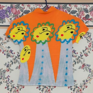 Handmade Pleated T-shirt Stretchy Short Sleeved Orange Top Sunflower Tower Smiley Face Tee