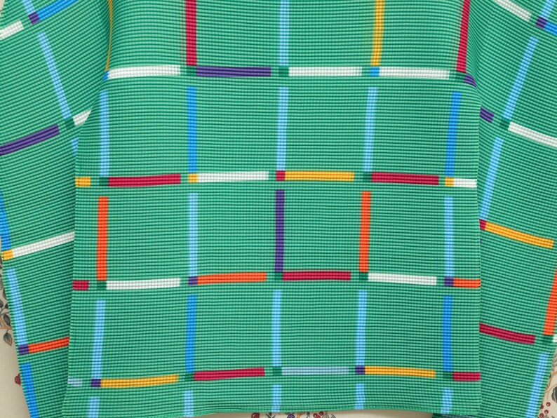 Handmade Pleated T-shirt Stretchy Long Sleeved Green Tops Plaid Pattern Colorful Lines Print Tee Graphic Tshirt image 2
