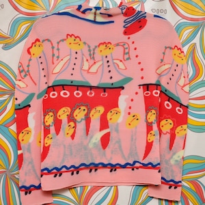 Handmade Pleated T-shirt Stretchy Long Sleeved Pink Top Sunflower Tower Smiley Face Tee Dancing Creatures with Long hair