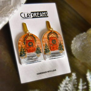 Hand-Painted Christmas Door Earrings: Festive Polymer Clay Jewelry