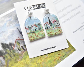 Monet Landscape Earrings: Hand-Painted Polymer Clay Art Jewelry