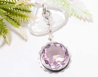 Pendentif en argent sterling 925 et kunzite rose, bijou rond fait main en pierre précieuse, cadeau pour elle