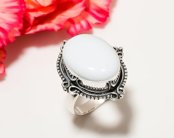 Weiße Koralle Edelstein Ring: Ovales 925 Sterling Silber Band