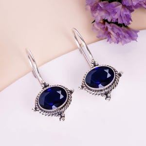 925 Sterling Silver Earring, Blue Sapphire Earring, Gemstone Earring, Dinty Earring, Girls Earring, Engengment Gift For Her, Silver Earring.