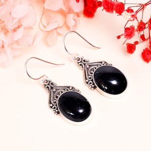 Black Onyx Earring, 925 Sterling Silver Earring, Natural Gemstone Earring, Drop Dangle Earring, Handmade Earring,  Wedding Gift For Mother.