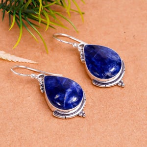 Natural Sodalite Blue Gemstone 925 Sterling Silver Earring, Gemstone Earrings, Pear Stone Earring, Oxidize Jewelry, Valentine's Day Gift.