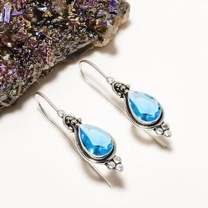 925 Sterling Silver Earring, Blue Topaz Earring, Gemstone Earring, Elegant Earring, Handmade Earring, Elegant Earring, Birthday Jewelry Gift