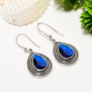 Blue Sapphire Earring, 925 Sterling Silver Earring, Gemstone Earring, Elegant Earring, Oxidize Earring, Birthday Jewelry Gift For Sister.