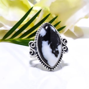 Natural White Buffalo Turquoise Marquise 925 Sterling Silver Ring, Adjustable Ring Gemstone Ring, Valuable Beautiful Jewelry, Valentine Gift