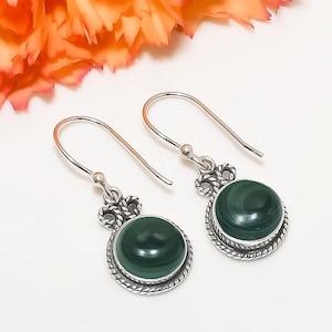 925 Sterling Silver Earring, Natural Malachite Earring, Green Gemstone Earring, Handmade Earring, Drop Dangle Earring, Birthday Gift For Mom