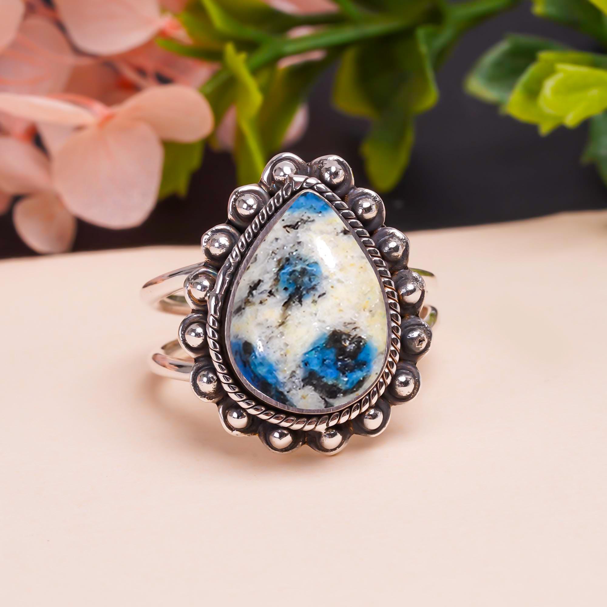 Natural K2 Blue Azurite Gemstone 925 Sterling Silver Ring, Adjustable Ring Gemstone Ring, Valuable Gemstone Jewelry, Valentine's Day Gift.