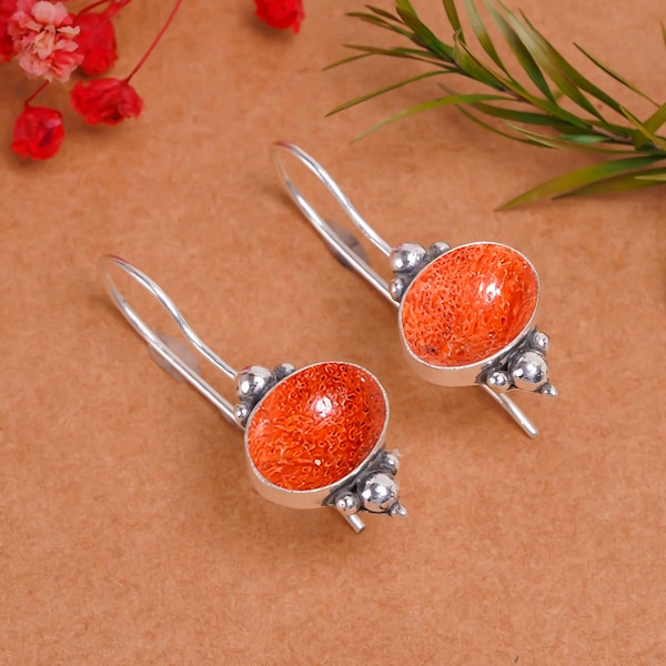 Handmade Oval Coral Earrings: 925 Sterling Silver Gemstone Jewelry