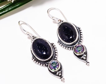 Blue Sunstone Drop Earrings: Sterling Silver Mystic Topaz Dangle