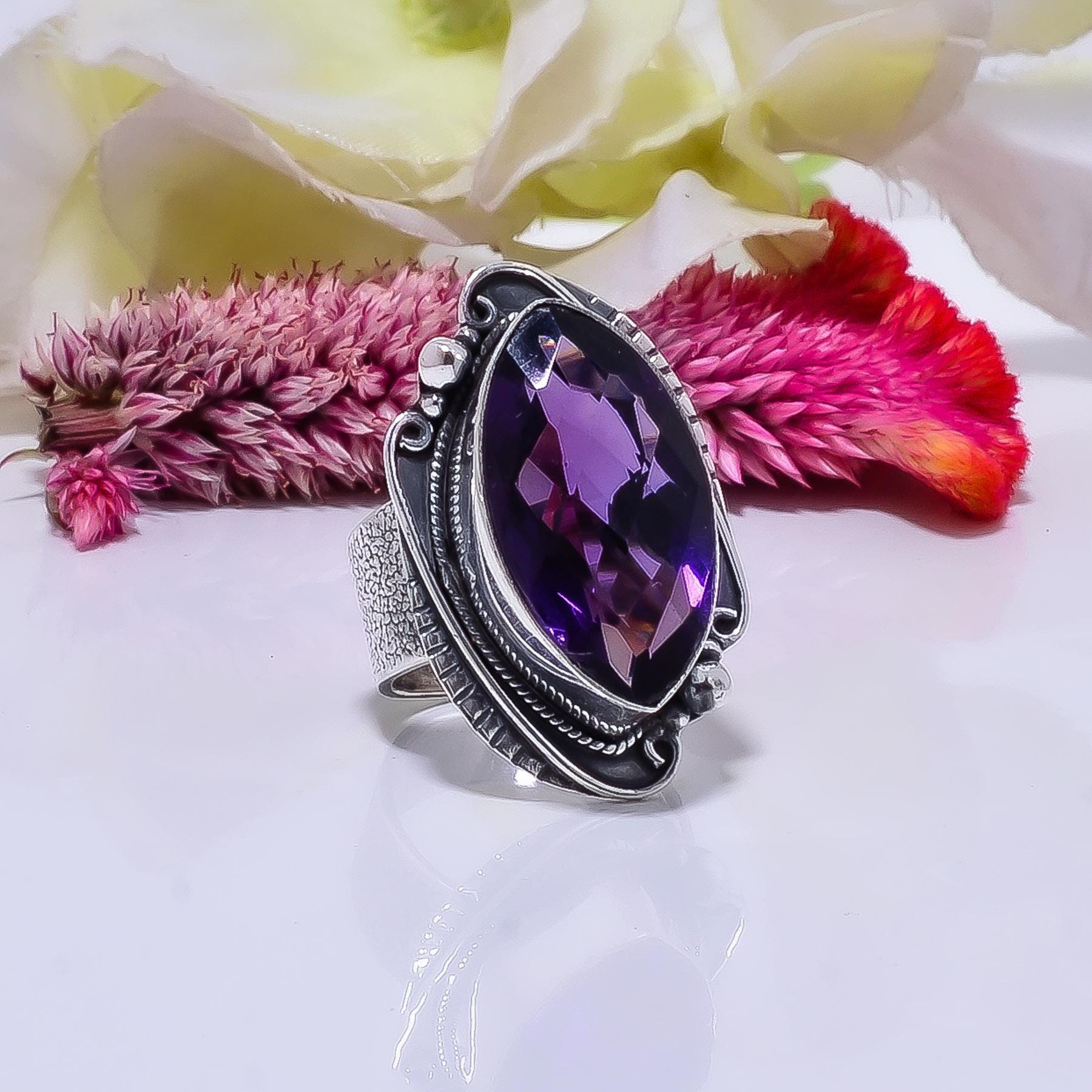Amethyst Marquise Gemstone Sterling Silver Ring - Adjustable Handmade 925 Silver Ring, Size 5-13 - View #11