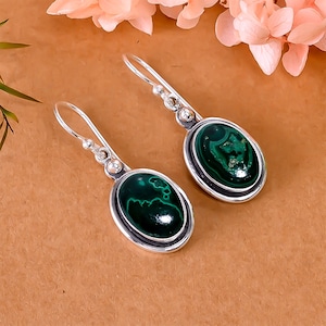 925 Sterling Silver Earring, Green Malachite Earring, Gemstone Earring, Drop Dangle Earring, Handmade Earring, Birthday Gift For Mother.