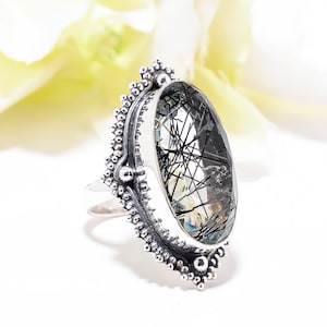 Schwarzer Rutilquarz Ring, 925 Sterling Silber Ring, Edelstein Ring, Oxidieren Ring, Handgemachter Ring, Eleganter Ring, Geburtstag Geschenk für Freunde.