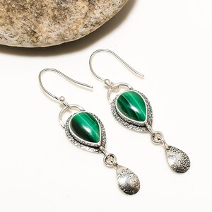 925 Sterling Silver Earring, Green Malachite Earring, Natural Gemstone Earring, Drop Dangle Earring, Handmade Earring, Jewelry Gift For Mom.