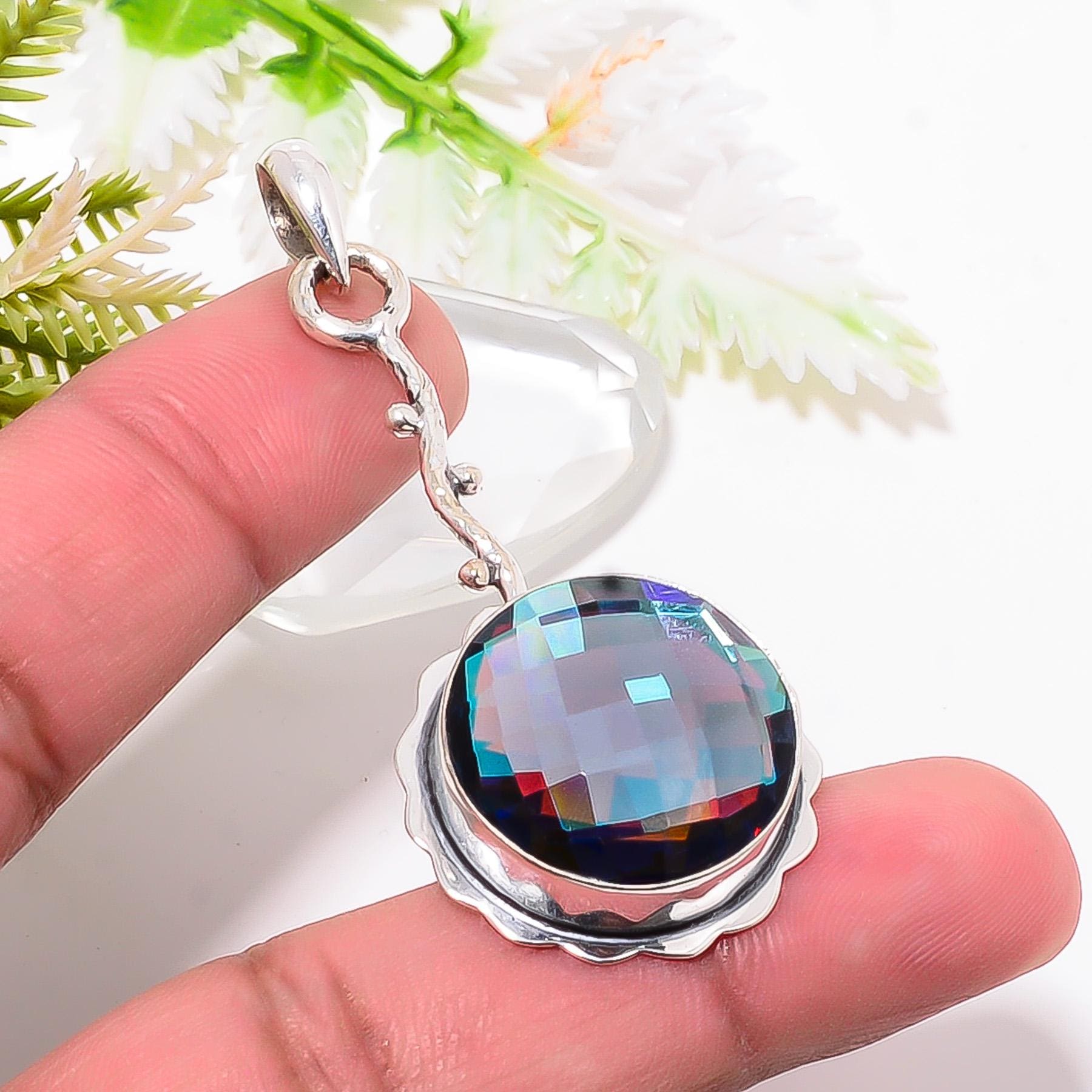Set ciondolo fatto a mano argento 925 topazio fuoco mistico arcobaleno Set ciondolo fatto a mano argento 925 topazio fuoco mistico arcobaleno