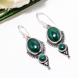 Green Malachite Earring, 925 Sterling Silver Earring, Natural Gemstone Earring, Elegant Earring, Drop Dangle Earring, Anniversary Gift.