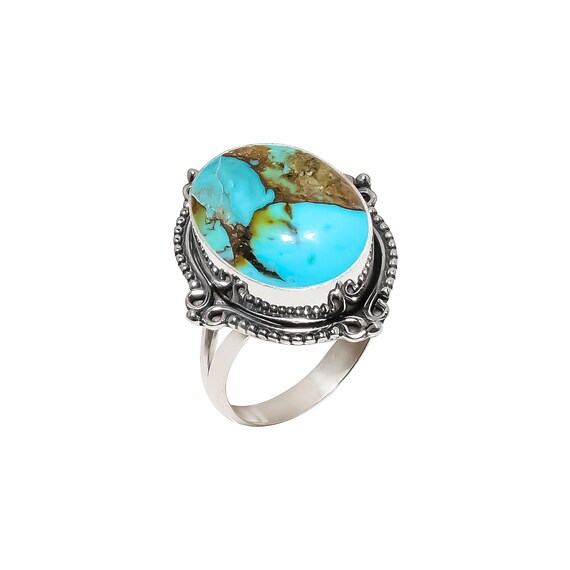 Large Teardrop Copper Turquoise Ring – Sterling Silver Bezel  Turquoise Large Oval Natural Stone Copper Ring Adjustable Band Sizes 7-8-9 main image 2