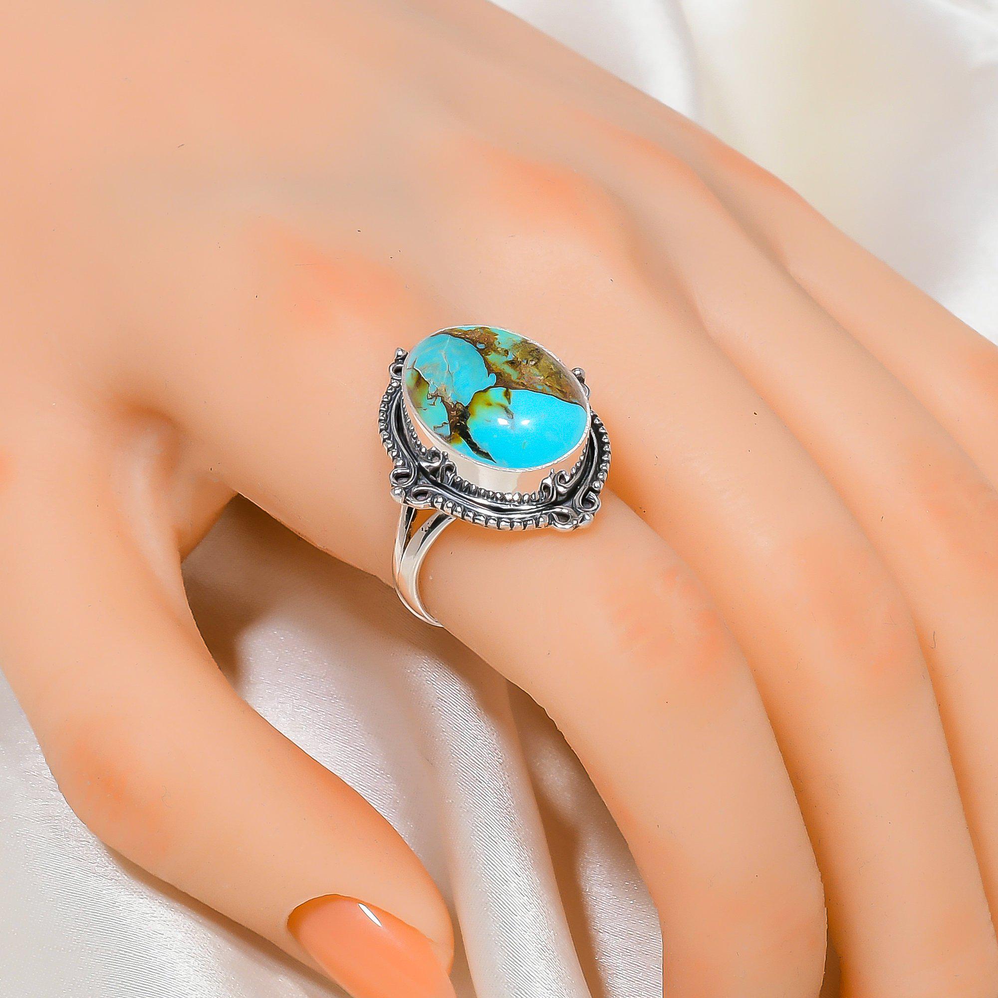 Large Teardrop Copper Turquoise Ring – Sterling Silver Bezel  Turquoise Large Oval Natural Stone Copper Ring Adjustable Band Sizes 7-8-9 main image 1