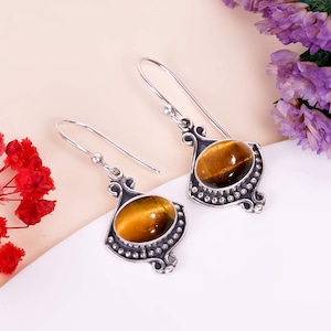 Natural Tiger&#39;s Eye Earring, 925 Sterling Silver Earring Gemstone Earring, Drop Dangle Earring, Handmade Earring, Birthday Gift For Friends.