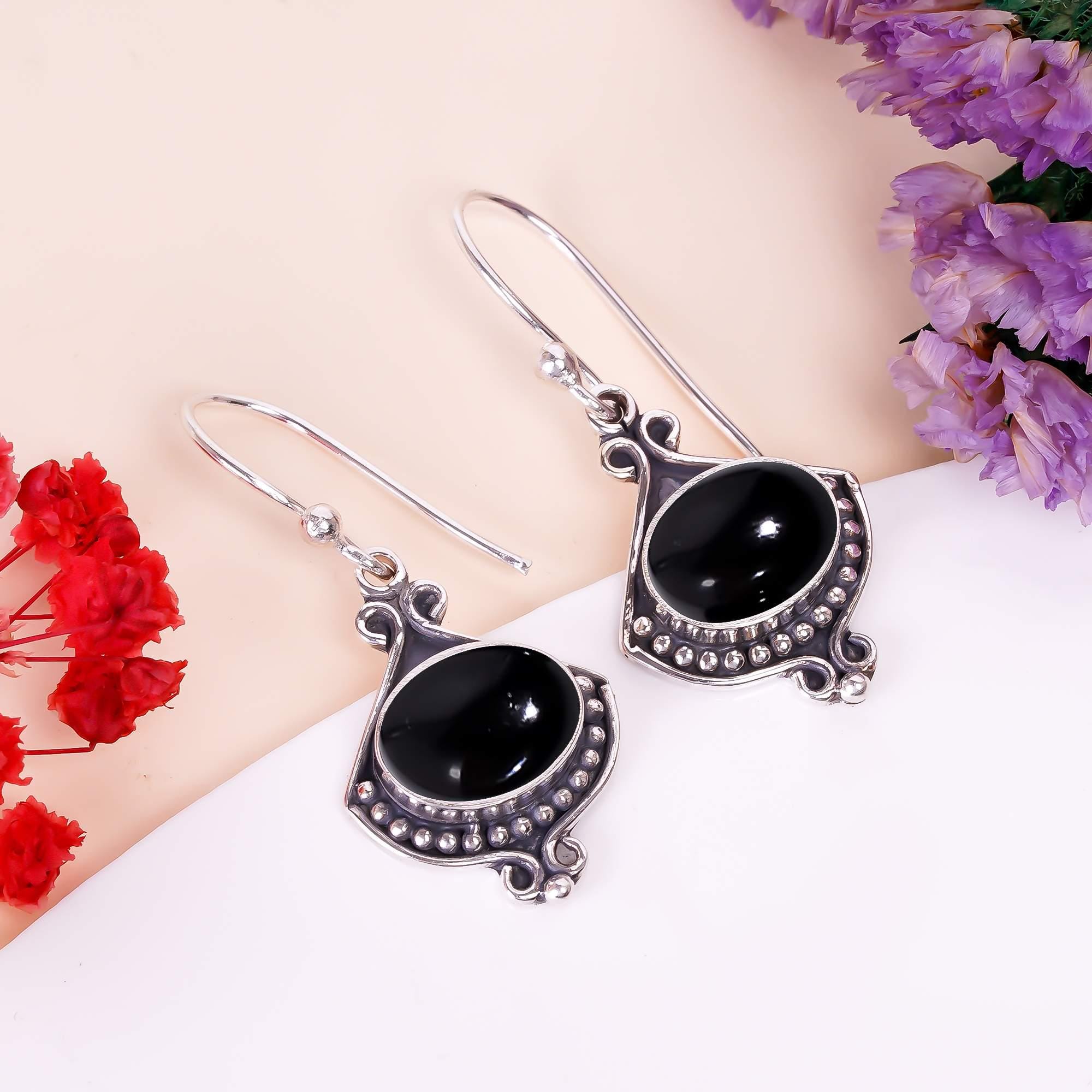 Orecchini In Argento 925 Con Onice Nera | Fatti A Mano, Unisex | 9mm Di Diametro | In Elegante Scatola Regalo