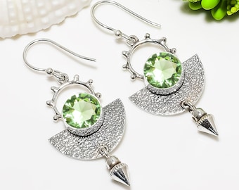 Handmade Green Amethyst Sterling Silver Dangle Earrings