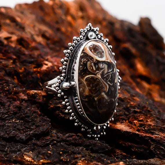 Anello in agata turritella, anello in argento sterling 925, anello