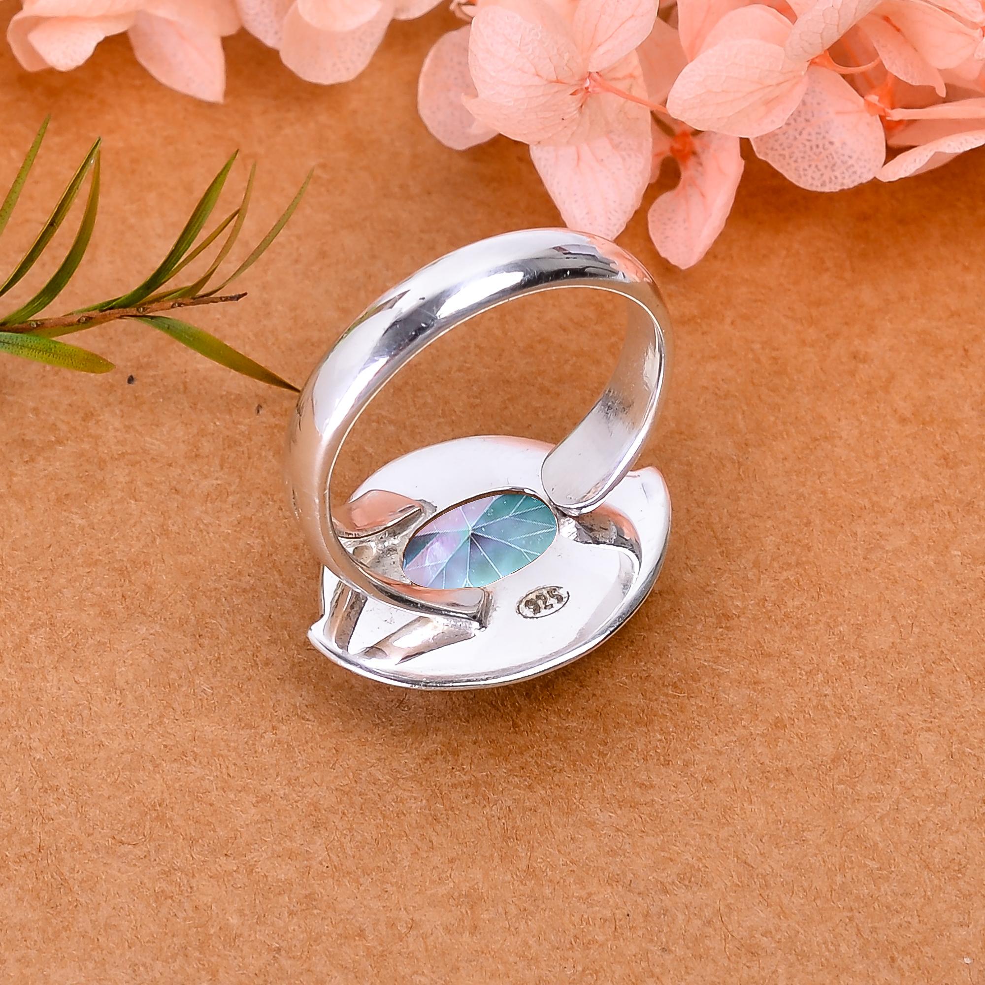 Anello Gioiello In Argento Con Topazio Mistico Arcobaleno E Opale Bianco Fuoco, Taglie 7-8-9