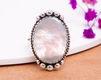 Natural Mother of Pearl Ring: Oval Gemstone, 925 Sterling Silver, Adjustable