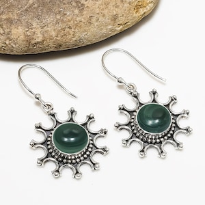 Green Malachite Earring, 925 Sterling Silver Earring, Gemstone Earring, Drop Dangle Earring, Handmade Earring, Birthday Gift For Sister.