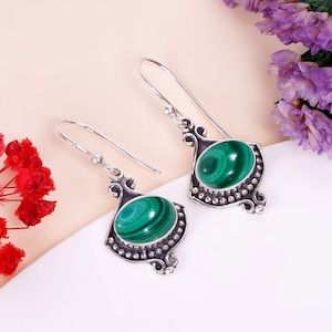 925 Sterling Silver Earring, Green Malachite Earring, Natural Gemstone Earring, Drop Dangle Earring, Handmade Earring, Birthday Gift For Her