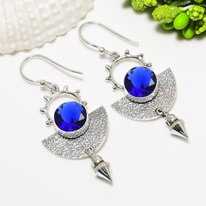 Blue Sapphire Earring, 925 Sterling Silver Earring, Gemstone Earring, Elegant Earring, Handmade Earring, Oxidize Earring, Wedding Gift.