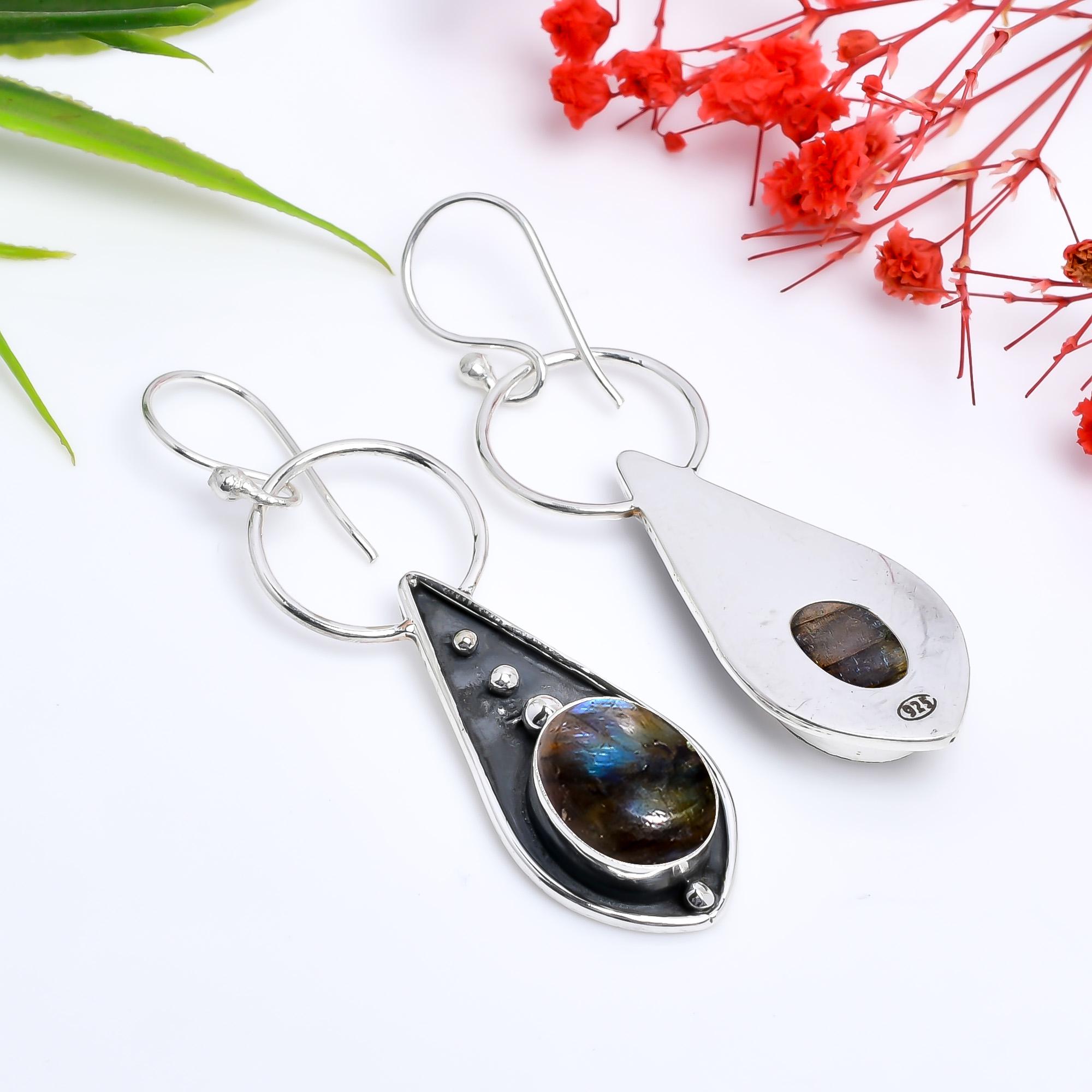 Orecchini Pendenti In Argento 925 Con Labradorite Blu Fatti A Mano Donna
