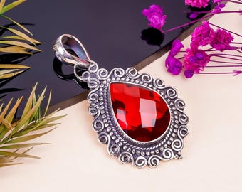 Handmade Pear Red Garnet Sterling Silver Pendant: Elegant Gemstone Jewelry