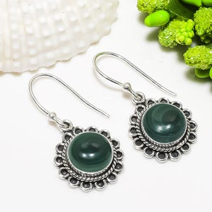 Green Malachite Earring, 925 Sterling Silver Earring, Natural Gemstone Earring, Drop Dangle Earring, Birthday Gift For Her, Silver Earring.