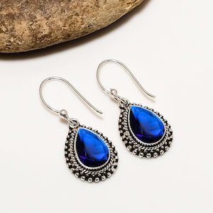 Blue Sapphire Earring, 925 Sterling Silver Earring, Gemstone Earring, Drop Dangle Earring, Handmade Earring, Birthday Jewelry Gift For Her.