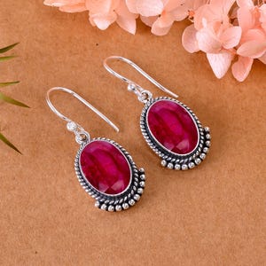 925 Sterling Silver Earring, Ruby Earring, Gemstone Earring, Drop Dangle Earring, Handmade Earring, Dinty Earring, Birthday Gift For Mom.