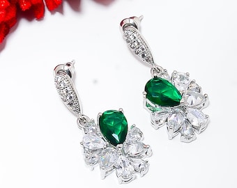 Emerald Earring:  925 Sterling Silver Pear Green Gemstone Moissanite Wedding Jewelry Gift