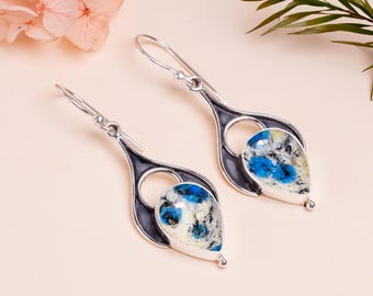 K2 Blue Azurite Pear Stone Earrings: Oxidized Sterling Silver Jewelry