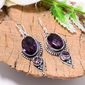 Pendiente de amatista morada, pendiente de piedra preciosa, pendiente de plata de ley 925, pendiente hecho a mano, pendiente colgante, regalo de cumpleaños, pendiente de plata